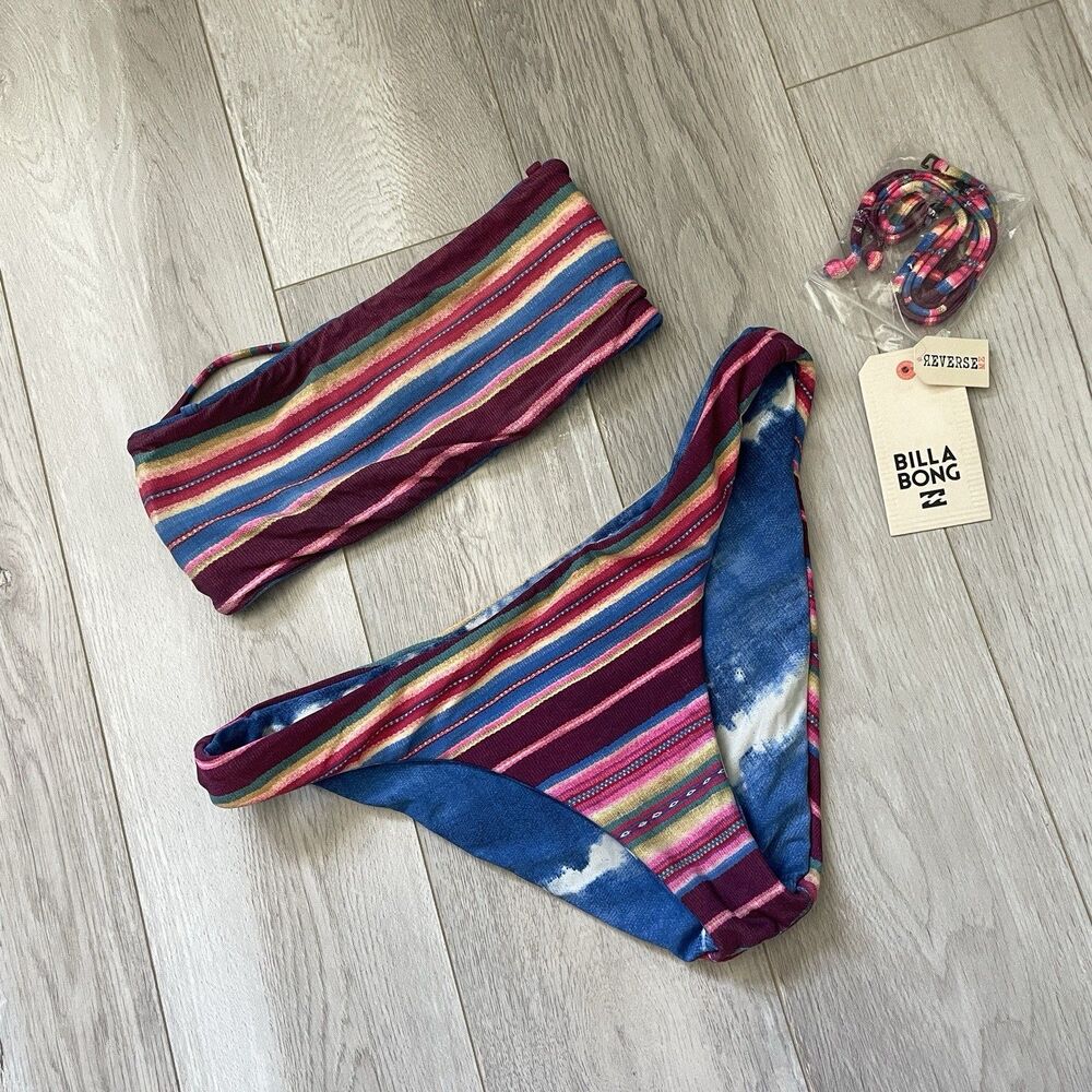 Billabong Reversible Bikini stripes strapless cheeky womens Burgundy Blue small